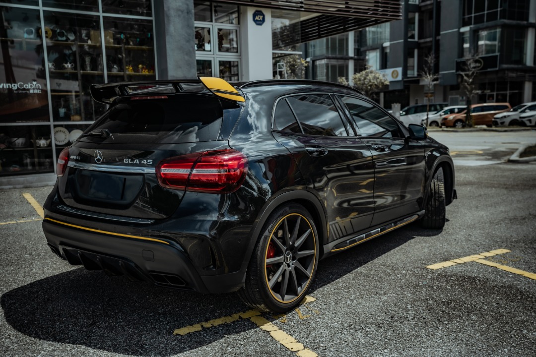 Mercedes GLA45 AMG black with yellow spoiler